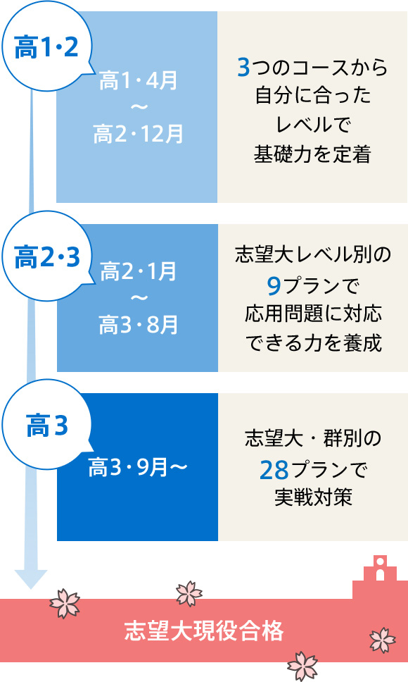 高1・2 高1・4月〜高2・12月 3つのコースから自分に合ったレベルで基礎力を定着 高2・3 高2・1月〜高3・8月 志望大レベル別の9プランで応用問題に対応できる力を養成 高3 高3・9月〜 志望大・群別の28プランで実践対策 志望大現役合格