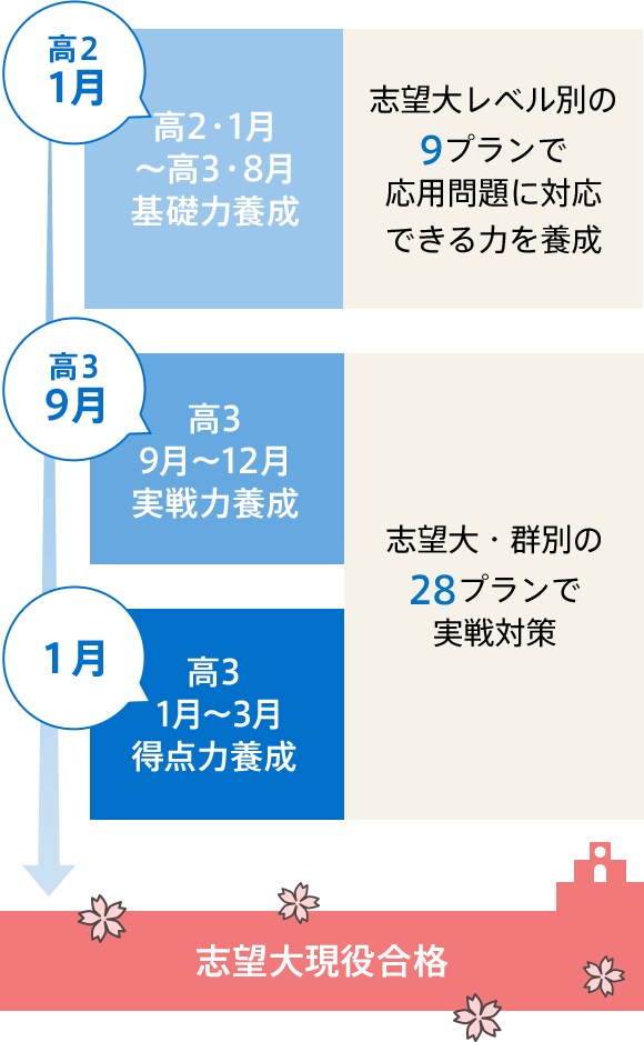 志望大レベルに合わせて取り組むべき問題にしぼって、最適な教材をお届けします。そのため、教材の内容がプランによって異なります。さらに、高3・9月からはより本番に近い対策を行うため、志望大・群別の28プランに進化。志望大合格に向けて一切の無駄をなくせます。