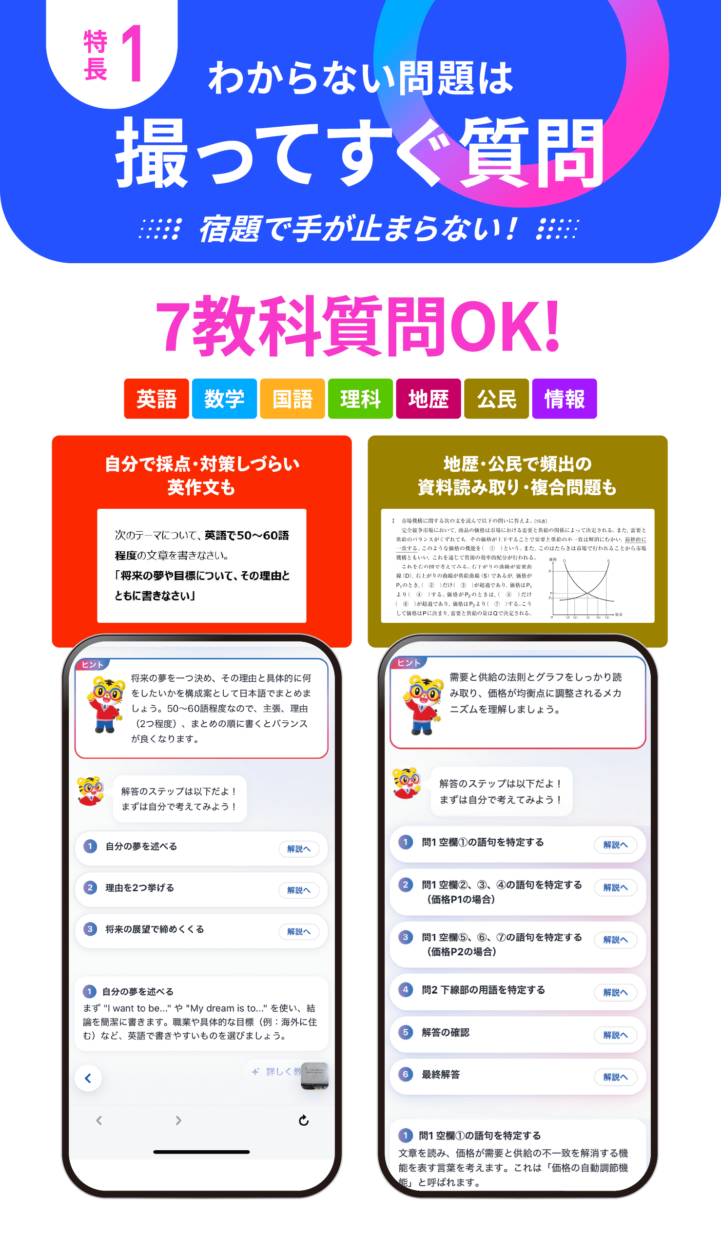 特長1 わからない問題は撮ってすぐ質問 宿題で手が止まらない！ 7教科質問OK！