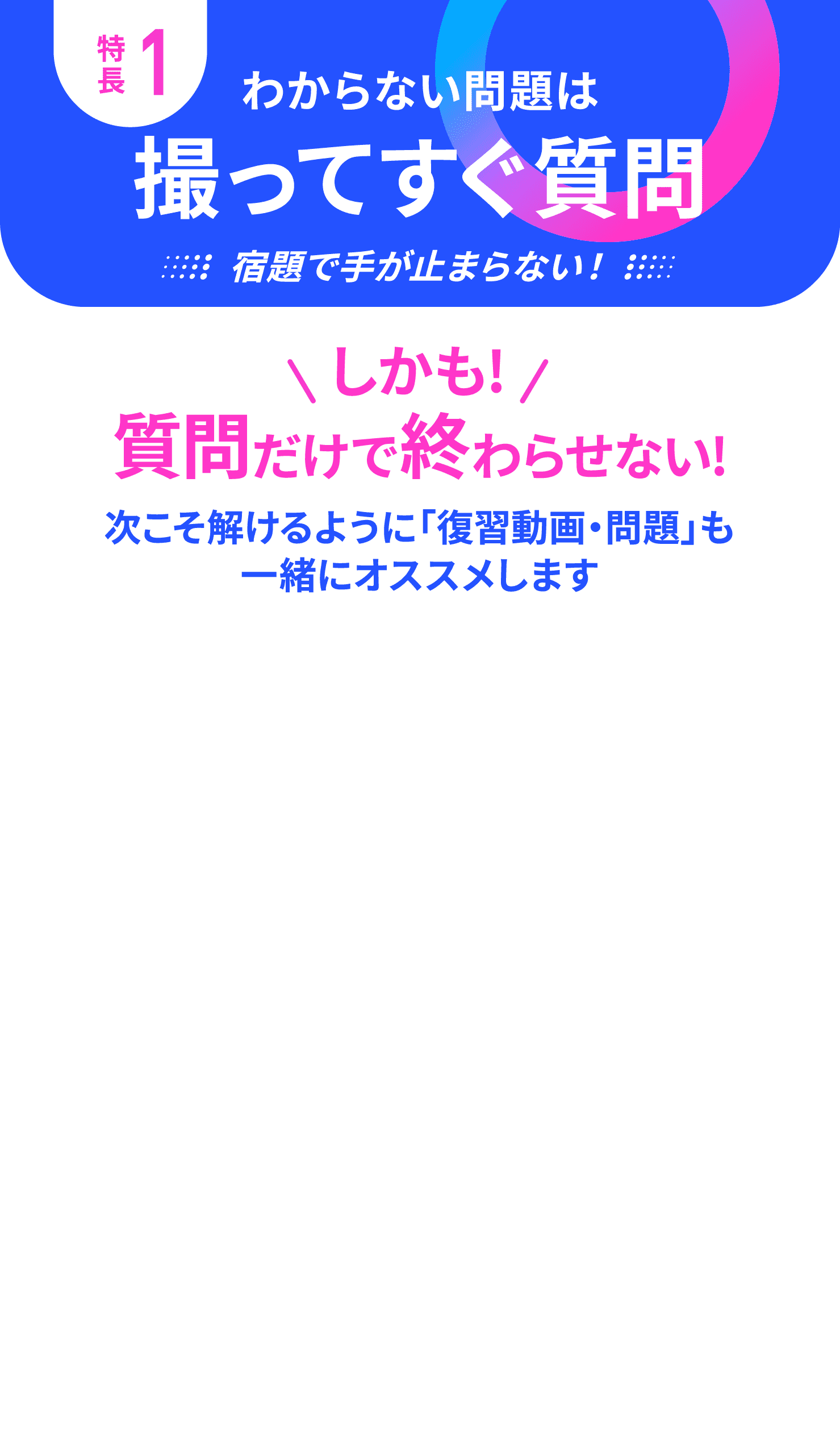 特長1 わからない問題は撮ってすぐ質問 宿題で手が止まらない！ しかも！質問だけで終わらせない！次こそ解けるように「復習動画・問題」も一緒にオススメします