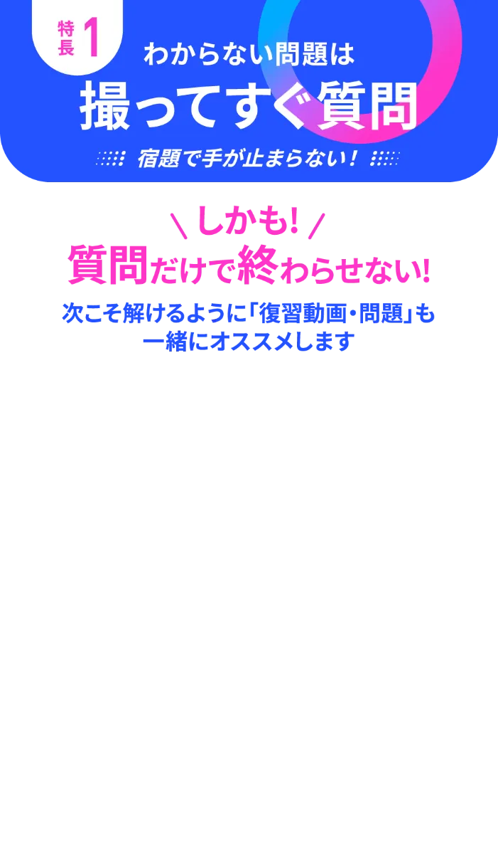 特長1 わからない問題は撮ってすぐ質問 宿題で手が止まらない！ しかも！質問だけで終わらせない！次こそ解けるように「復習動画・問題」も一緒にオススメします