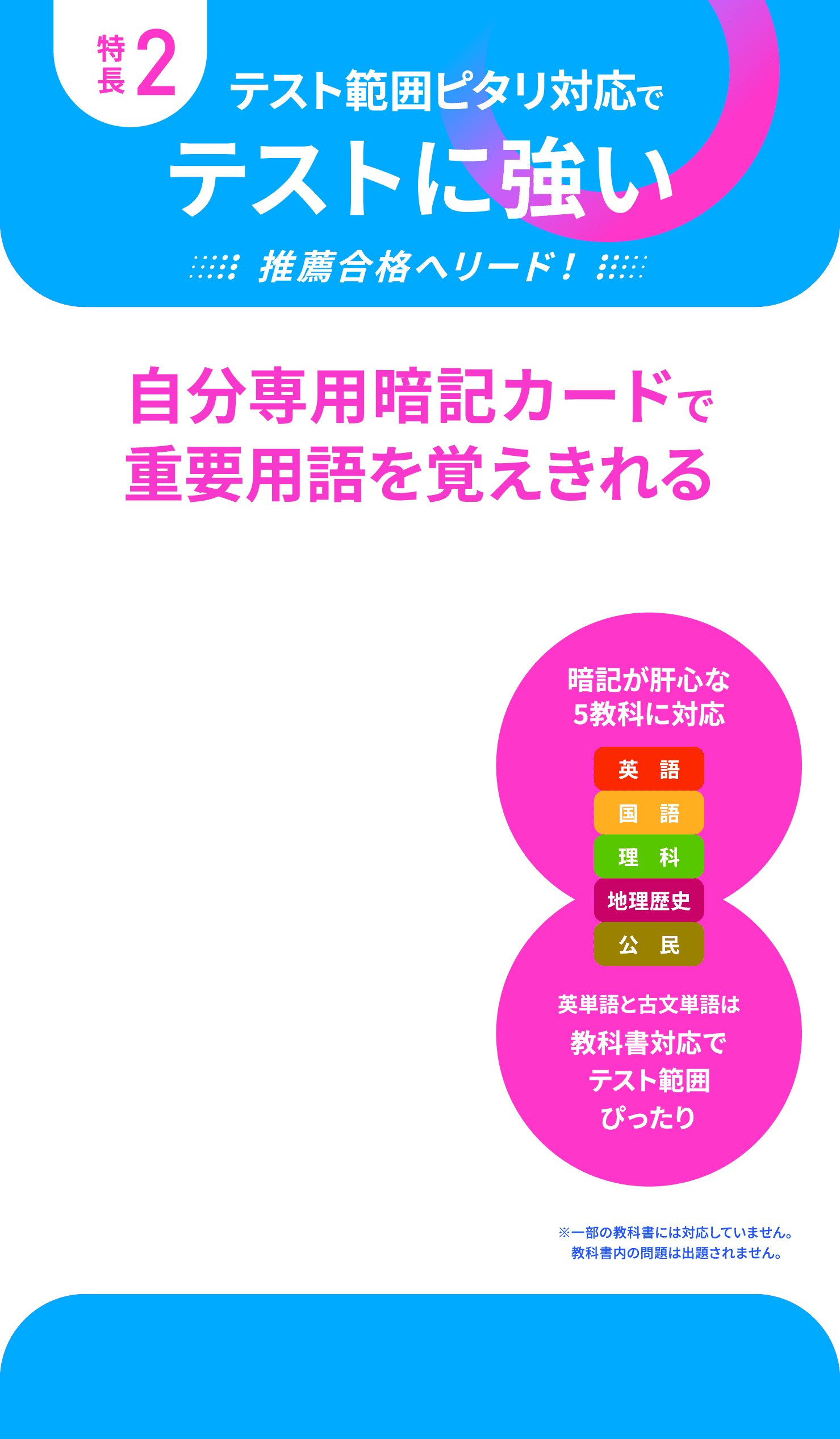 特長2 テスト範囲ピタリ対応でテストに強い 推薦合格へリード！ 自分専用暗記カードで重要用語を覚えきれる