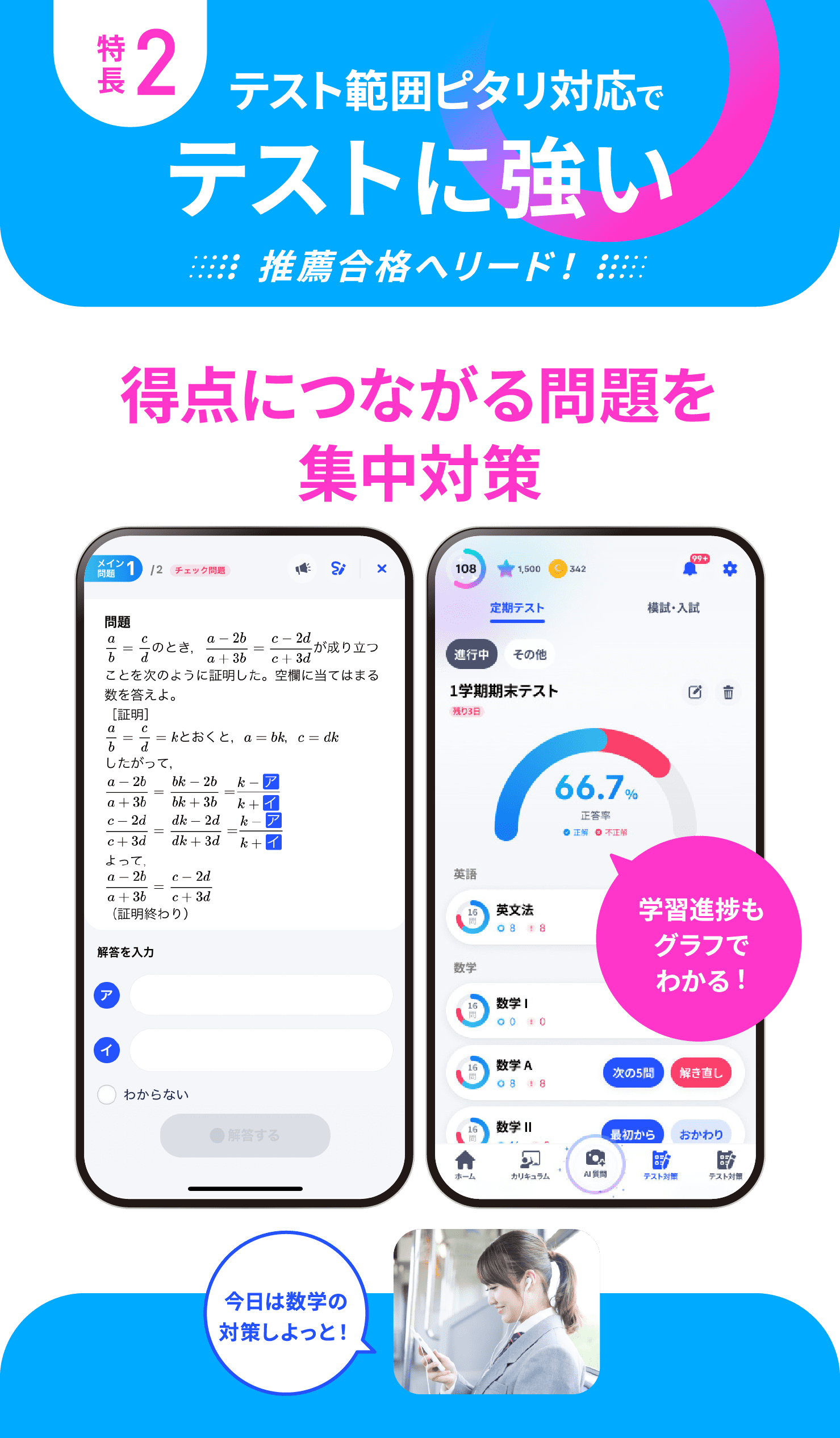 特長2 テスト範囲ピタリ対応でテストに強い 推薦合格へリード！得点につながる問題を集中対策