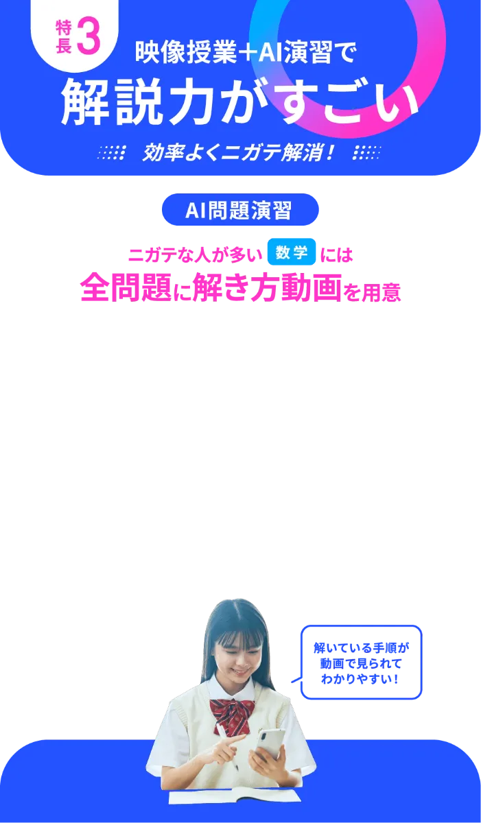 特長3 映像授業＋AI演習で解説力がすごい 効率よくニガテ解消！AI演習問題 ニガテな人が多い数学には全問題に解き方動画を用意