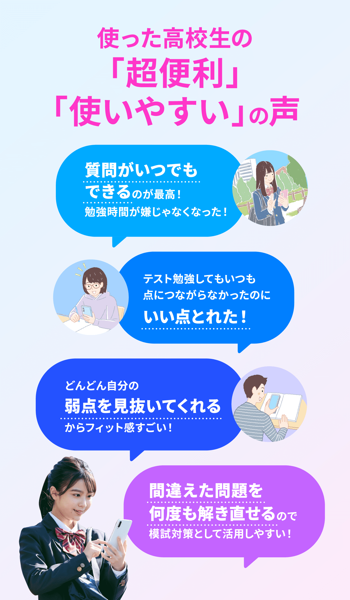使った高校生の「超便利」「使いやすい」の声 質問がいつでもできる いい点とれた 弱点を見抜いてくれる 間違えた問題を何度も解き直せる