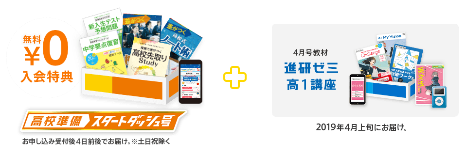 高校準備スタートダッシュ号 無料入会特典 + 4月号教材 進研ゼミ高1講座 2019年4月上旬にお届け。