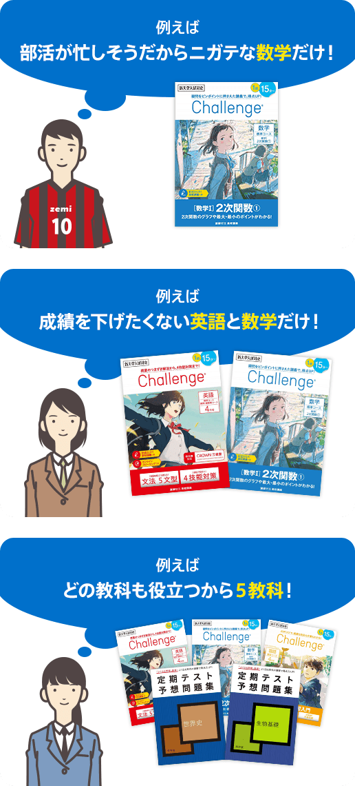 例えば部活が忙しそうだからニガテな数学だけ! 例えば成績を下げたくない英語と数学だけ! 例えばどの教科も役立つから5教科!