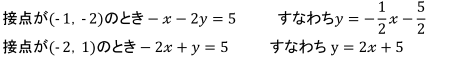 接点が(‐1，‐2)のとき-x-2y=5　すなわちy=-1/2 x-5/2　接点が(‐2，1)のとき-2x+y=5　すなわちy=2x+5