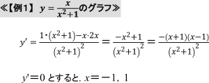 y'=(1・(x2+1)-x?2x)/(x2+1)2 =(-x2+1)/(x2+1)2 =(-(x+1)(x-1))/(x2+1)2 y'＝0とすると,x＝−1,1