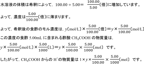 水溶液の体積は希釈によって， 100.00÷5.00＝　100.00/5.00〔倍〕に増加しています。よって，濃度は5.00/100.00〔倍〕に薄まります。よって，希釈後の食酢のモル濃度は，y〔mol/L〕×5.00/100.00〔倍〕＝y×5.00/100.00〔mol/L〕この濃度の食酢5.00mLに含まれる酢酸CH３COOHの物質量は，y×5.00/100.00〔mol/L〕×5.00/1000〔L〕＝y×5.00/100.00×5.00/1000〔mol〕　です。したがって，CH３COOHからのH+の物質量は1×y×5.00/100.00×5.00/1000〔mol〕　です。