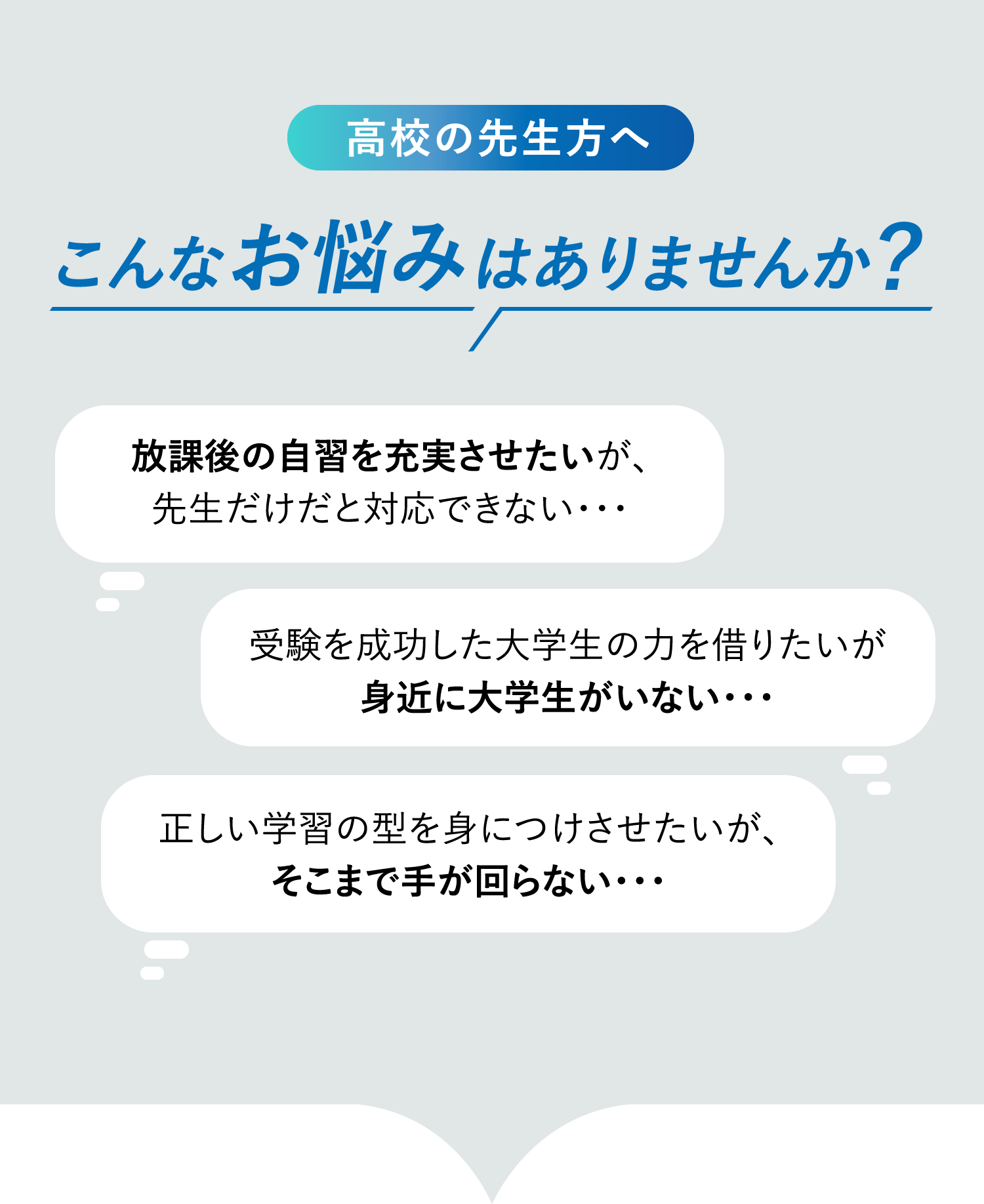 高校の先生方へ～こんなお悩みはありませんか？放課後の自習を充実させたいが、先生だけだと対応できない・・・受験を成功した大学生の力を借りたいが身近に大学生がいない・・・正しい学習の型を身につけさせたいが、そこまで手が回らない・・・