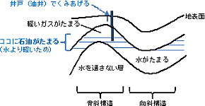<油田は、新期造山帯の背斜構造の部分に多く分布する>